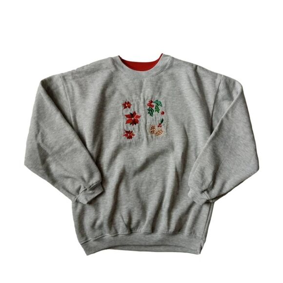 Basic Editions Vintage Sport Gray Holiday Crew Neck Sweater Women's Size Small - Picture 1 of 12